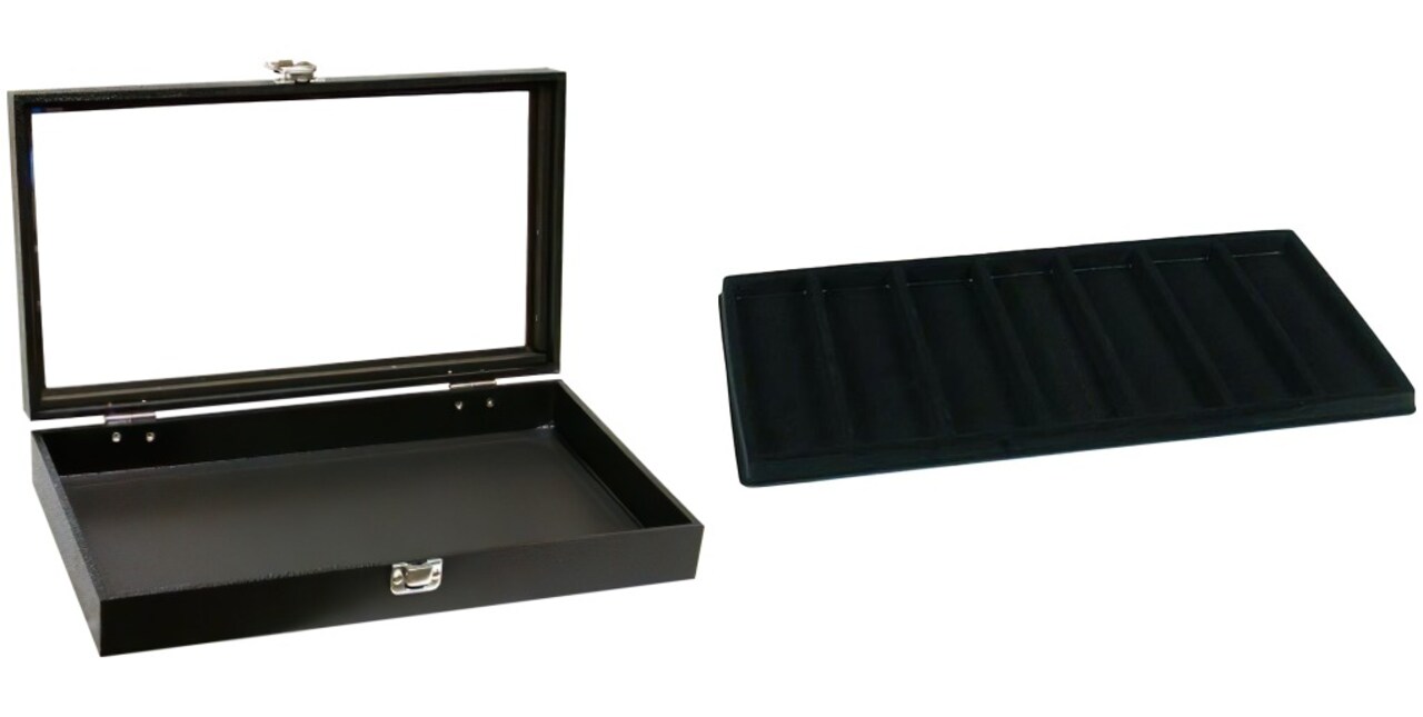 Black Glass-top Jewelry Case (Single metal latch) w/ Black 7-slot Plastic Tray